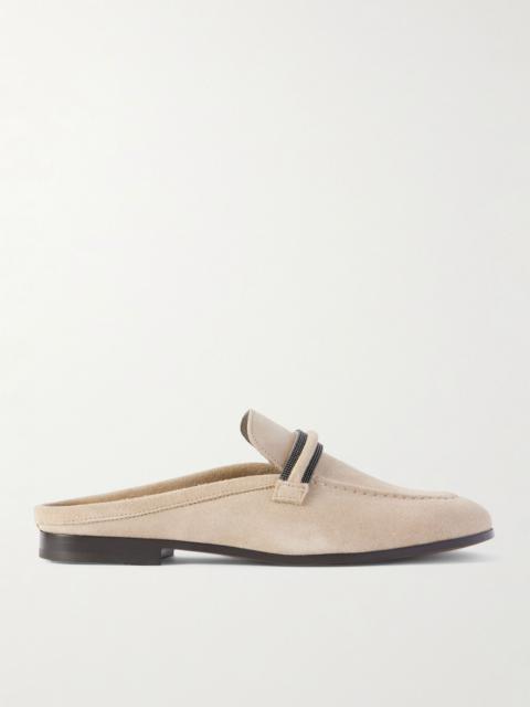 Brunello Cucinelli Bead-embellished suede slippers Camel