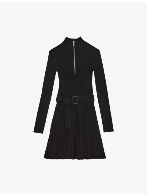 REISS Vienna Zip-Neck Flippy-Hem Stretch-Knit Mini Dress