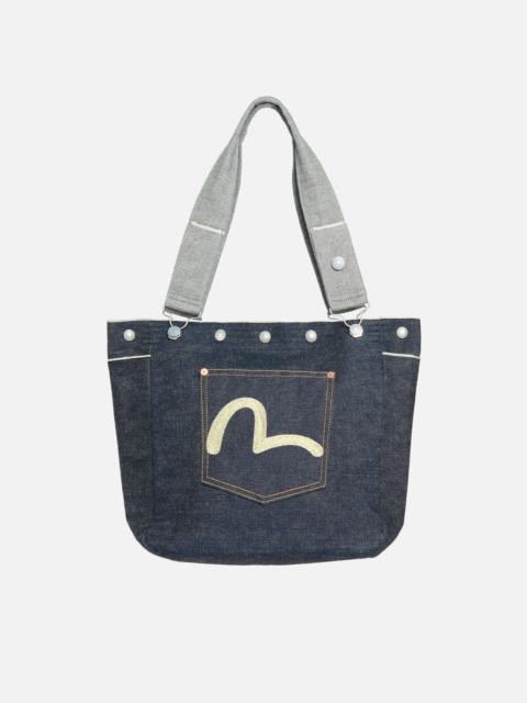 EVISU SEAGULL EMBROIDERED POCKET TWO-WAY MEDIUM DENIM TOTE BAG