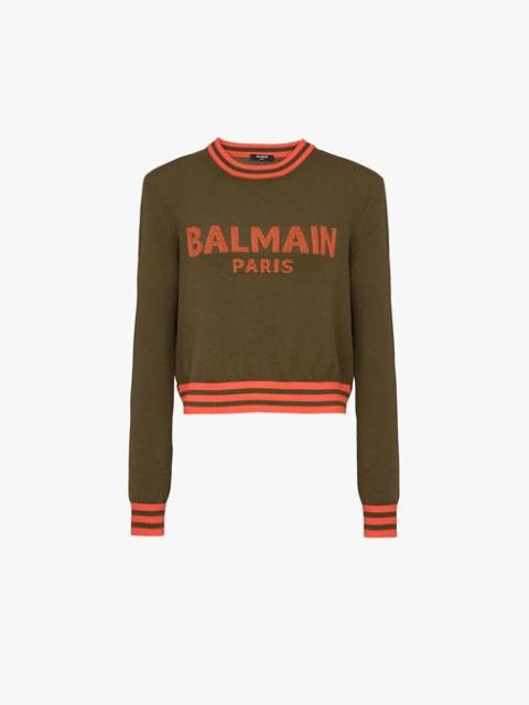 Balmain Cropped khaki wool sweatshirt with orange Balmain logo