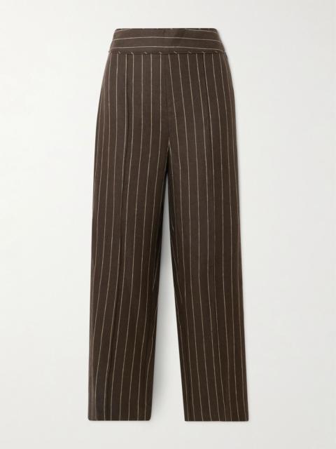 POSSE Thea pleated pinstriped linen-twill straight-leg pants Dark brown
