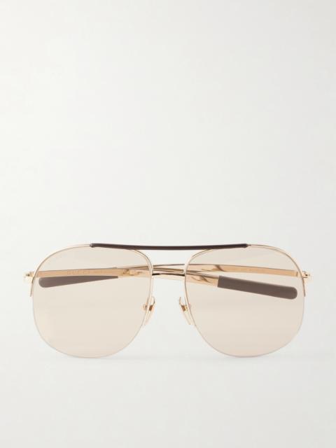 GUCCI Aviator-style Leather-trimmed Gold-tone Sunglasses