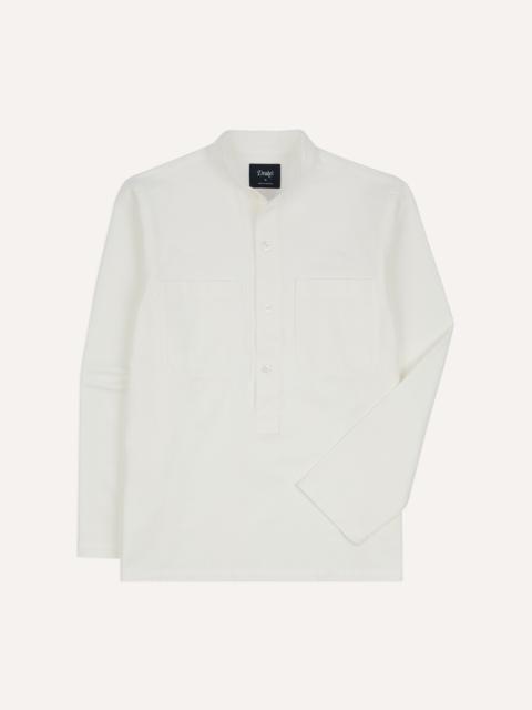 Drake's White Herringbone Cotton Mandarin Collar Popover Shirt