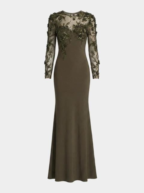 MAC DUGGAL Floral Embellished Long-Sleeve Column Gown