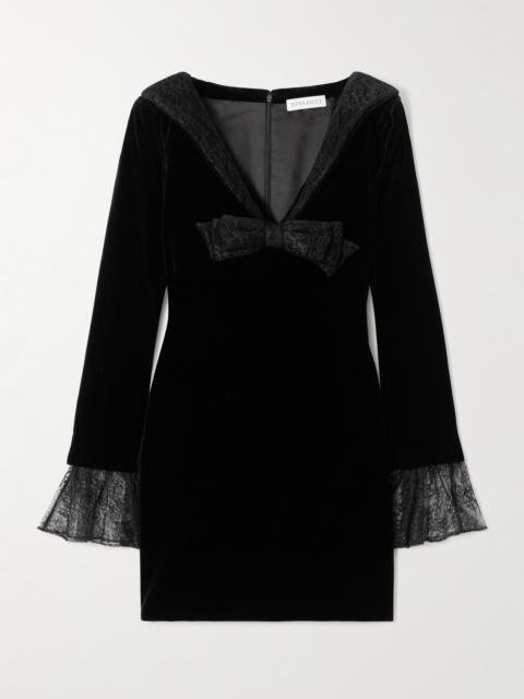NINA RICCI Bow-detailed Lace-trimmed Cotton-velvet Mini Dress
