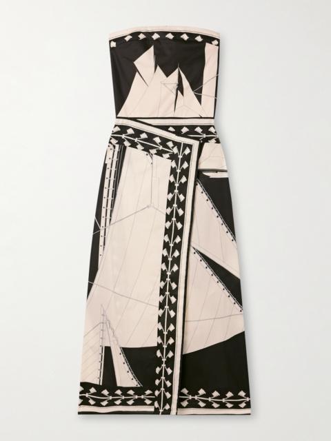 Sailboats Pontoon Afternoon Strapless Printed Organic Cotton Wrap-effect Midi Dress