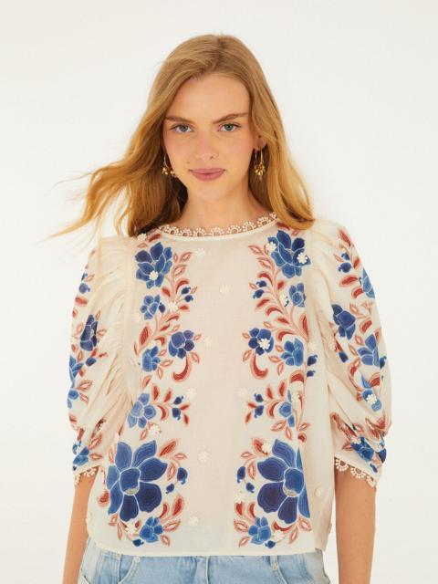 FARM RIO Sand Renata Floral 3D Puff Sleeve Blouse