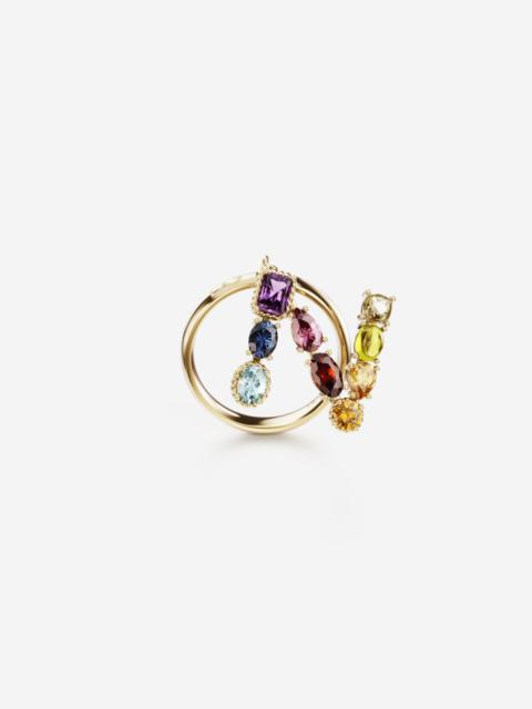 Rainbow alphabet N ring in yellow gold with multicolor fine gems