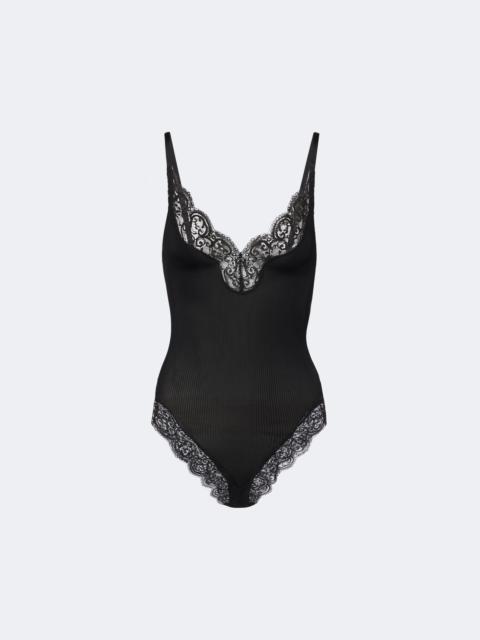 SAINT LAURENT Lace-trimmed ribbed-knit silk bodysuit