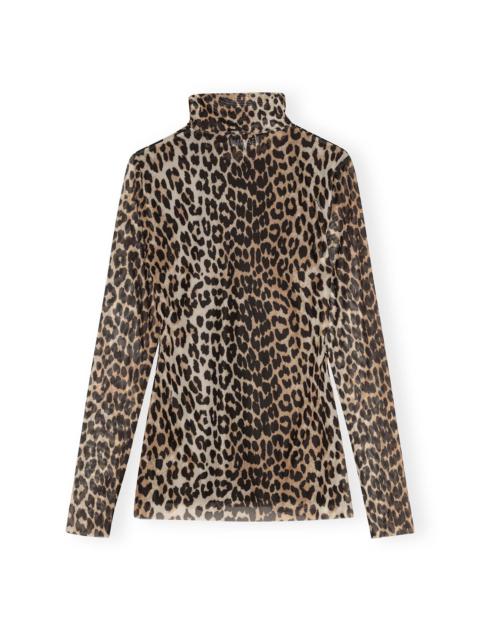 LEOPARD PRINTED MESH LONG SLEEVE ROLLNECK