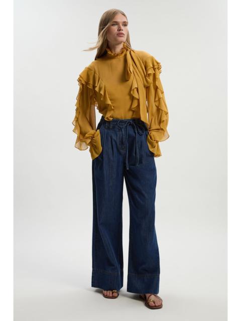 KAREN MILLEN Ruffle Front Crinkle Georgette Pussy Bow Blouse