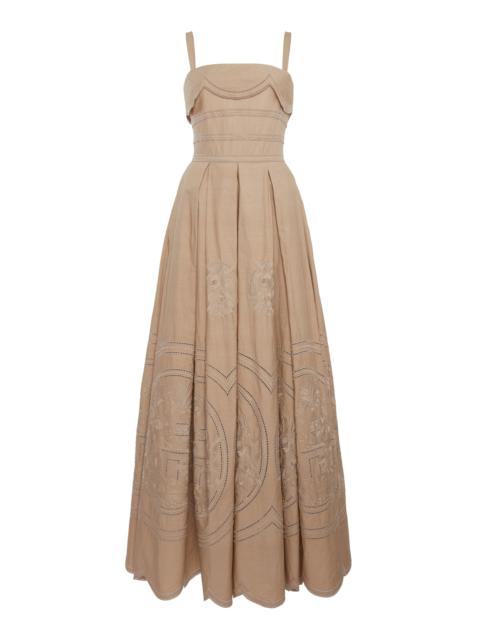 ELIE SAAB Embroidered Cotton-Blend Maxi Dress tan