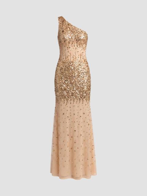 MAC DUGGAL Women's Beaded Mesh One-Shoulder Fitted Gown - Gold Beige