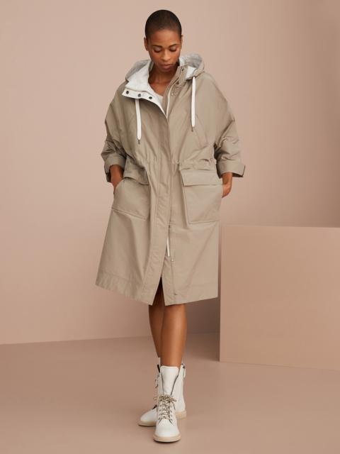 Water-resistant taffeta hooded outerwear jacket with monili