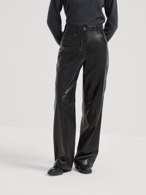Brunello Cucinelli Smooth nappa leather wide five-pocket trousers with shiny tab