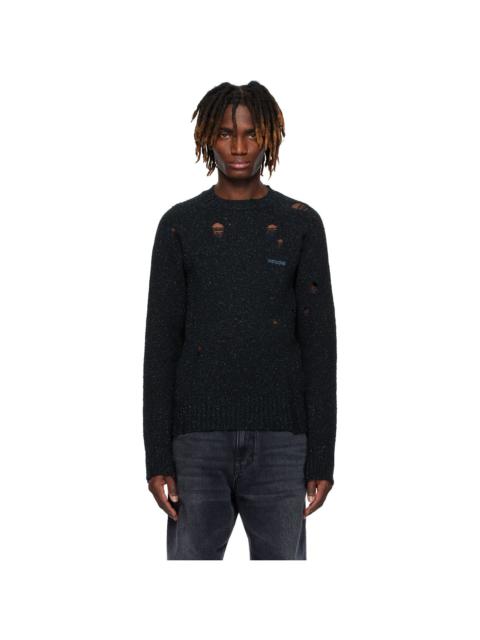 We11done Navy Raglan-Sleeved Grunge Knit Sweater
