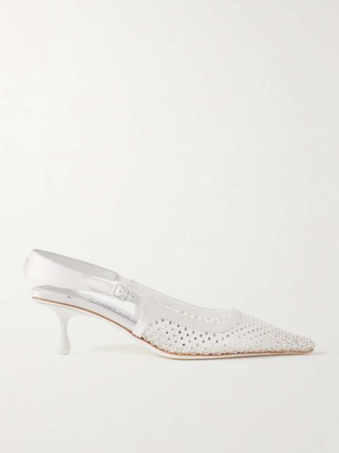 JIMMY CHOO Amel 50 crystal-embellished mesh and satin slingback pumps Ivory