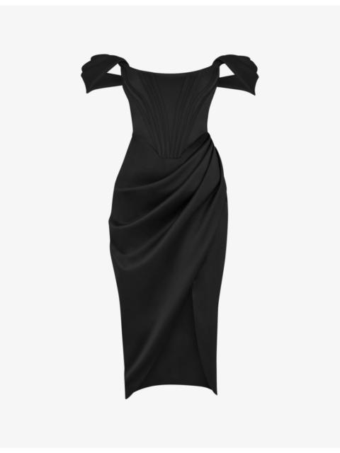 House of CB Loretta off-shoulder satin midi dress