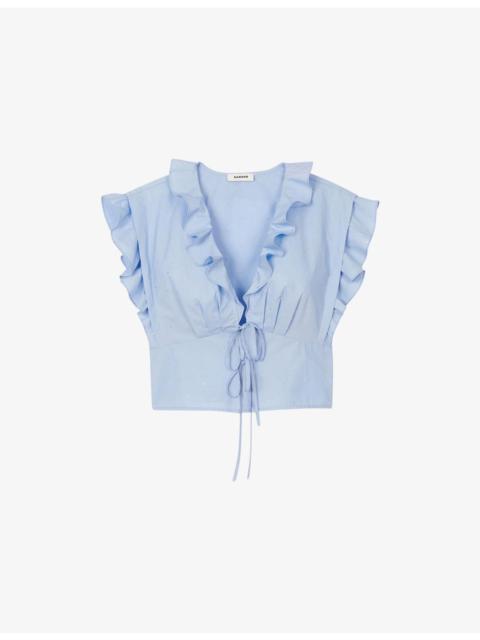 Rhinestone-Embellished Ruffled-Trim Cotton Top