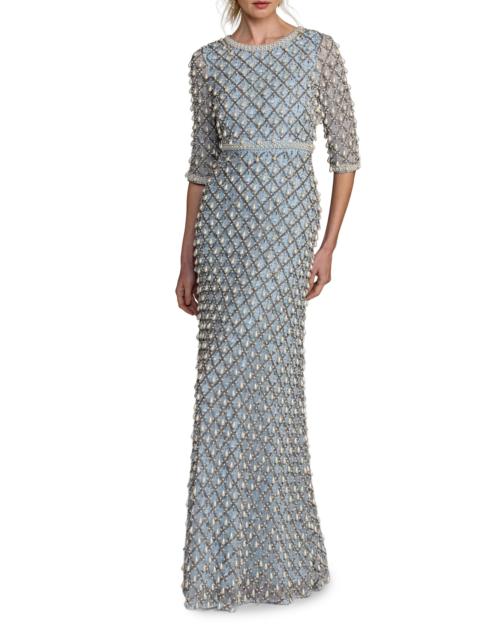 MAC DUGGAL Women's Evening Pearl Embellished Mesh Gown - Vintage Blue