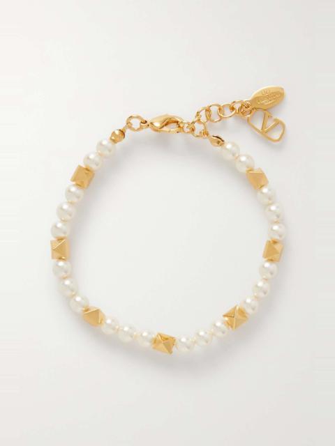 Rockstud gold-tone faux pearl bracelet