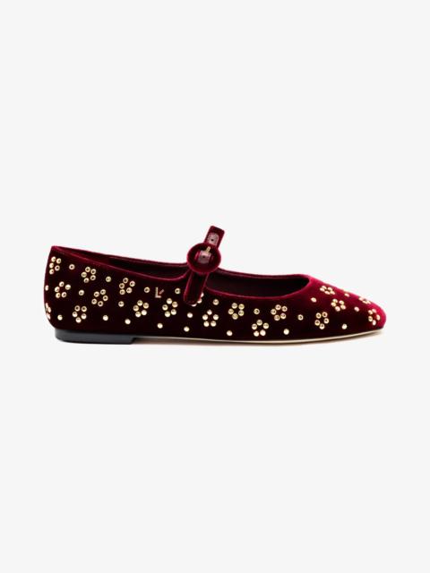 Larroudé Blair Ballet Flat In Wine Velvet and Gold Studs