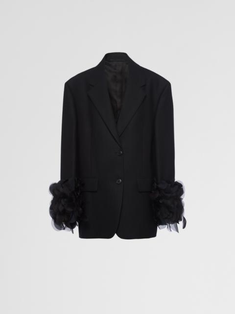 Single-breasted wool jacket with feather trim