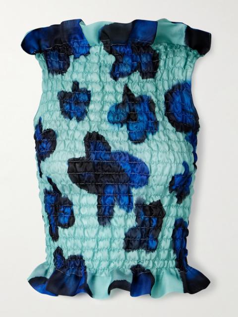 CONNER IVES Ruffled Shirred Floral-print Silk-satin Top