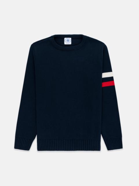 J. PRESS MADE-IN-USA NAVY COTTON SLEEVE STRIPE SWEATER