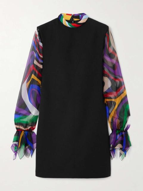 Printed silk chiffon-trimmed cady mini dress