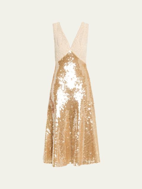 RONNY KOBO Kassie Low-Back Lace & Sequin Midi Dress