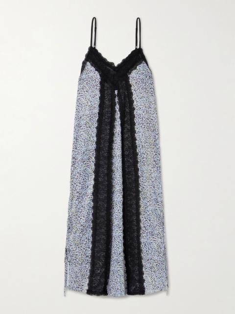 KIKA VARGAS Sunita tie-detailed lace-trimmed leopard-print stretch-satin maxi dress Blue