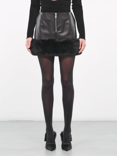 Faux Fur Trim Leather Mini Skirt