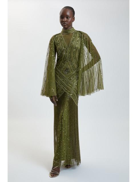 KAREN MILLEN Embellished Woven Maxi Dress With Cape Sleeve