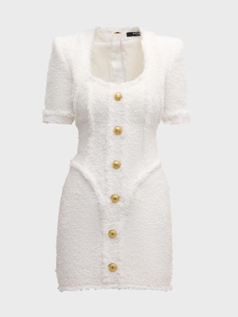 Balmain Short-Sleeve Tweed Button-Front Mini Dress