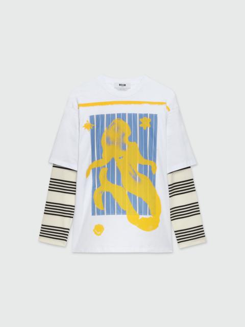 MSGM White cotton T-Shirt with MSGM Mermaid Box graphics