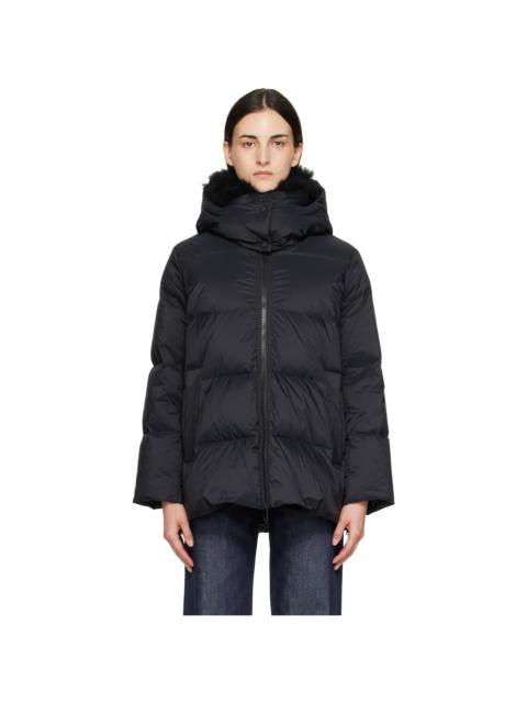 Yves Salomon Black Waterproof Technical Lambswool Trim A-Line Down Jacket