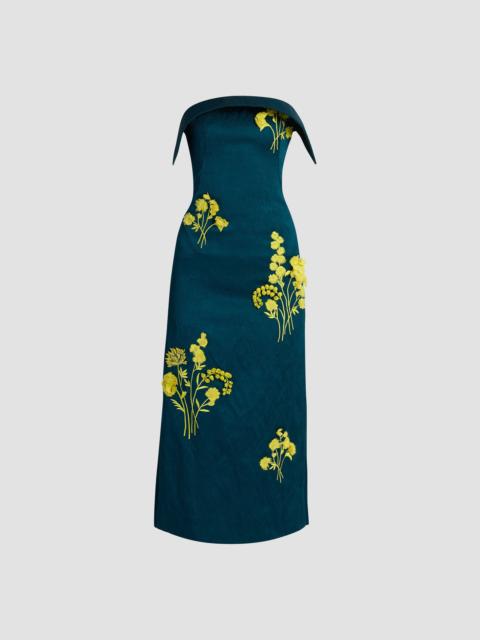 Erdem EMBROIDERED TEXTURED SATIN MIDI PENCIL DRESS