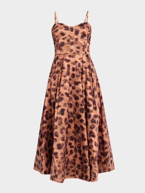 MILLY Queen Pleated Leopard-Print Taffeta Midi Dress