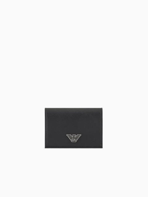EMPORIO ARMANI ASV REGENERATED SAFFIANO LEATHER CARD HOLDER WITH FLAP AND EAGLE PLATE