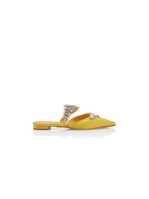 Manolo Blahnik Yellow Satin Crystal Embellished Flat Mules