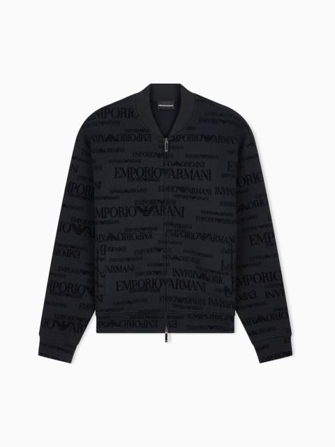 EMPORIO ARMANI ZIP-UP SWEATSHIRT IN DOUBLE JERSEY WITH ALL-OVER FLOCKED LOGO