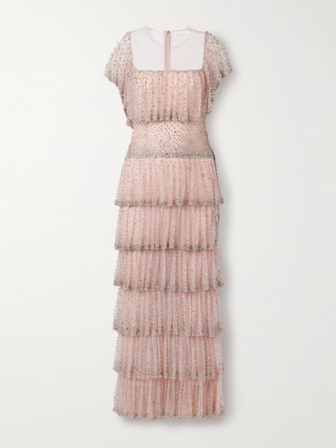 COSTARELLOS Jesenia Tiered Crystal-embellished Tulle Gown