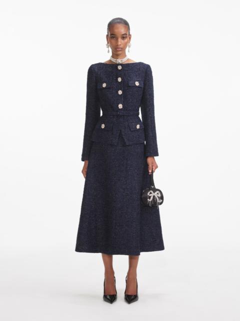 self-portrait Navy Metallic Boucle Midi Dress