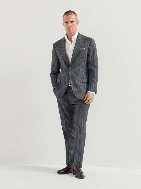 Brunello Cucinelli Super 150s virgin wool wide chalk stripe batavia Tailor suit: peak-lapel jacket and pleated trousers