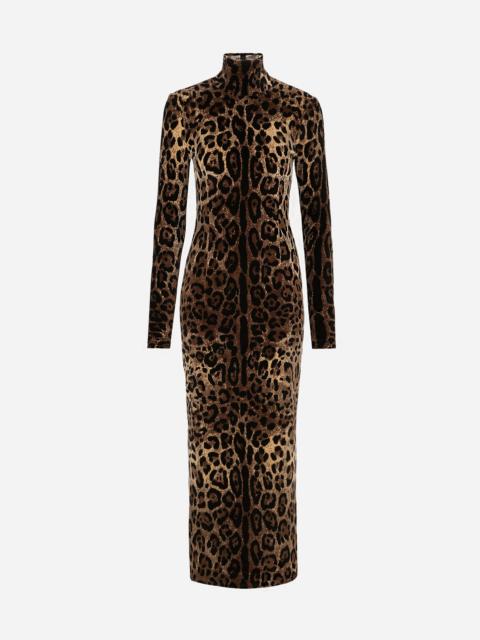 Dolce & Gabbana Long chenille dress with jacquard leopard design