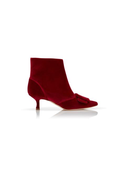 Red Velvet Buckle Detail Ankle Boots