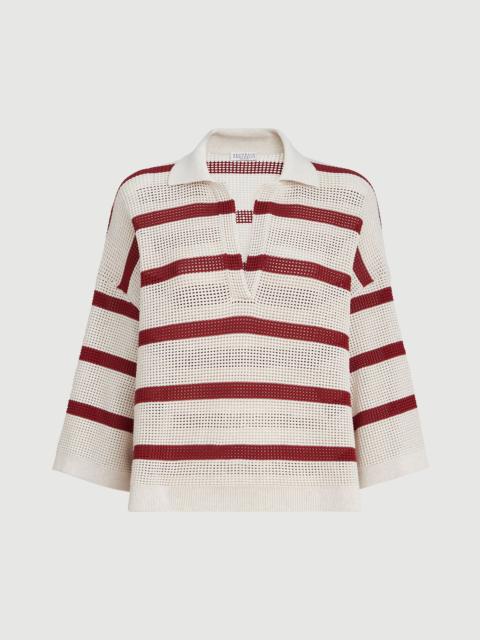 Brunello Cucinelli Cotton striped net knit polo shirt