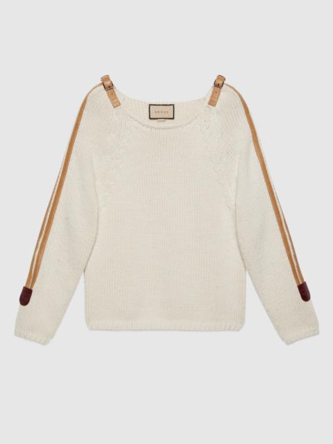 Wool knit sweater with leather detail