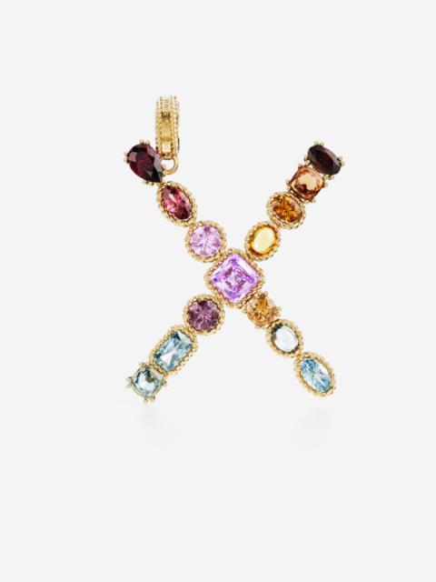 Rainbow alphabet X 18 kt yellow gold charm with multicolor fine gems